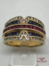 Load image into Gallery viewer, 14ct Diamond Sapphire &amp; Ruby Multicolour Dress Ring
