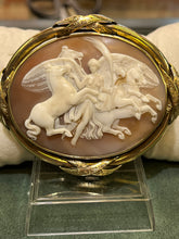 Load image into Gallery viewer, 9ct Gold Vintage  Cameo Broach Biblical Scene  Revelations 6/9 verse 8 white horse - bow, red horse - sword ,black horses- scales,ashen horse-wheat
