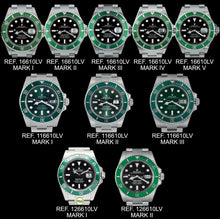 Load image into Gallery viewer, The different dial types 
During production period 
Of Kermit Hulk &amp; Starbucks and some other Rolex facts for your interest.
