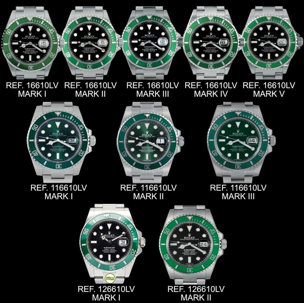 The different dial types 
During production period 
Of Kermit Hulk & Starbucks and some other Rolex facts for your interest.