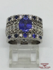 18 ct White Gold Blue Sapphire Tanzanite & Diamond Barrel Ring