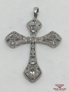 9ct White Gold Diamond And Topaz Cross Pendant