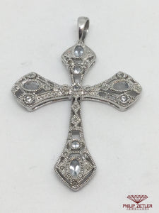 9ct White Gold Diamond And Topaz Cross Pendant