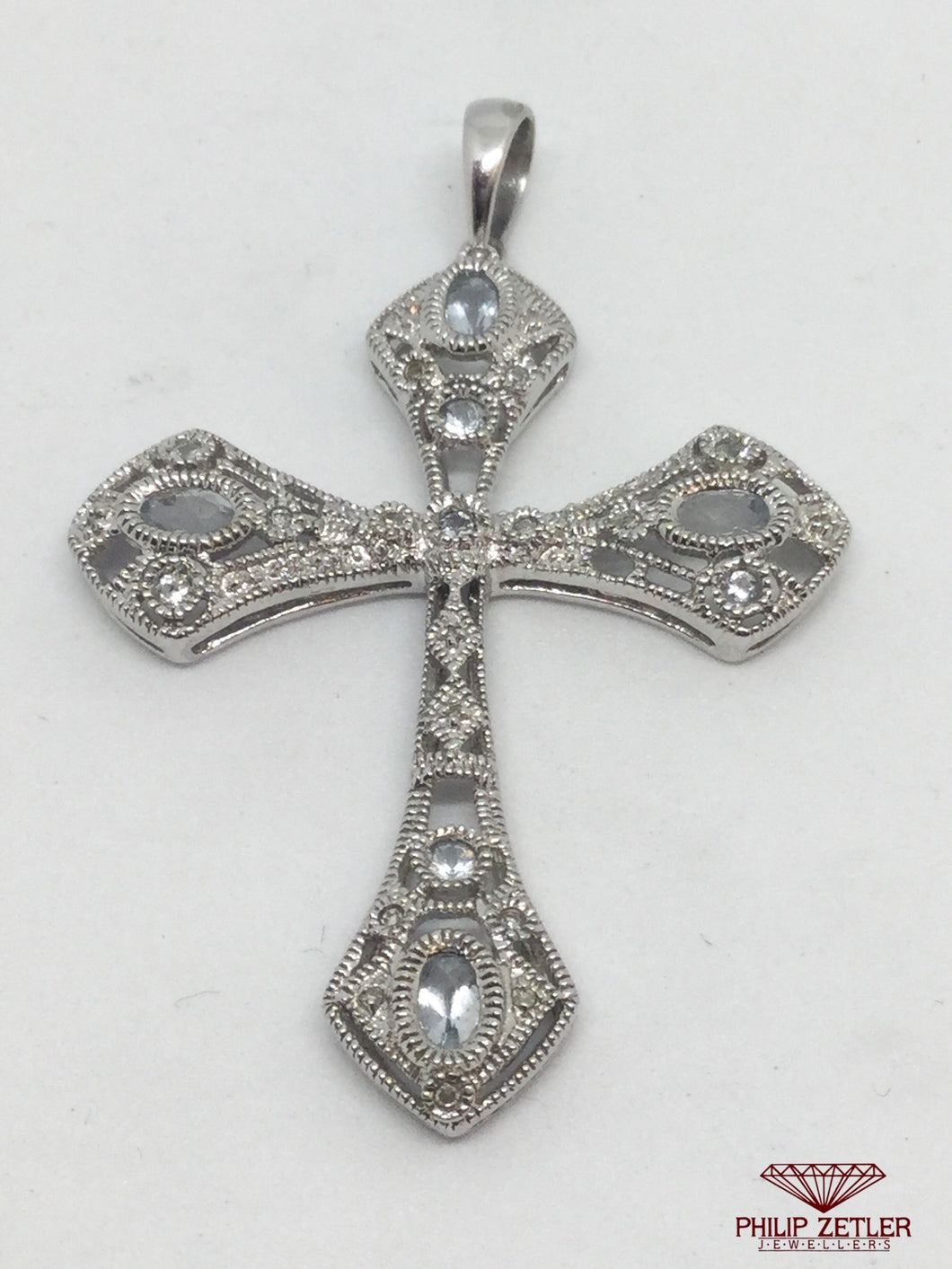 9ct White Gold Diamond And Topaz Cross Pendant