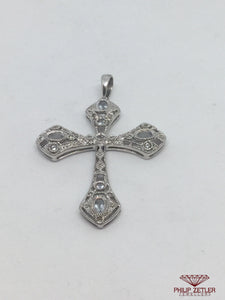 9ct White Gold Diamond And Topaz Cross Pendant