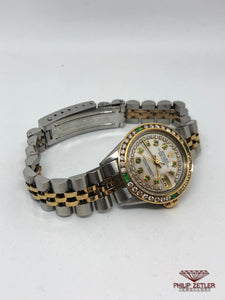 Rolex Ladies Datejust Diamond And Emerald Bezel Mother Of Pearl Dial