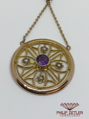 Pink Gold Antique Amethyst & Seedpearl Pendant