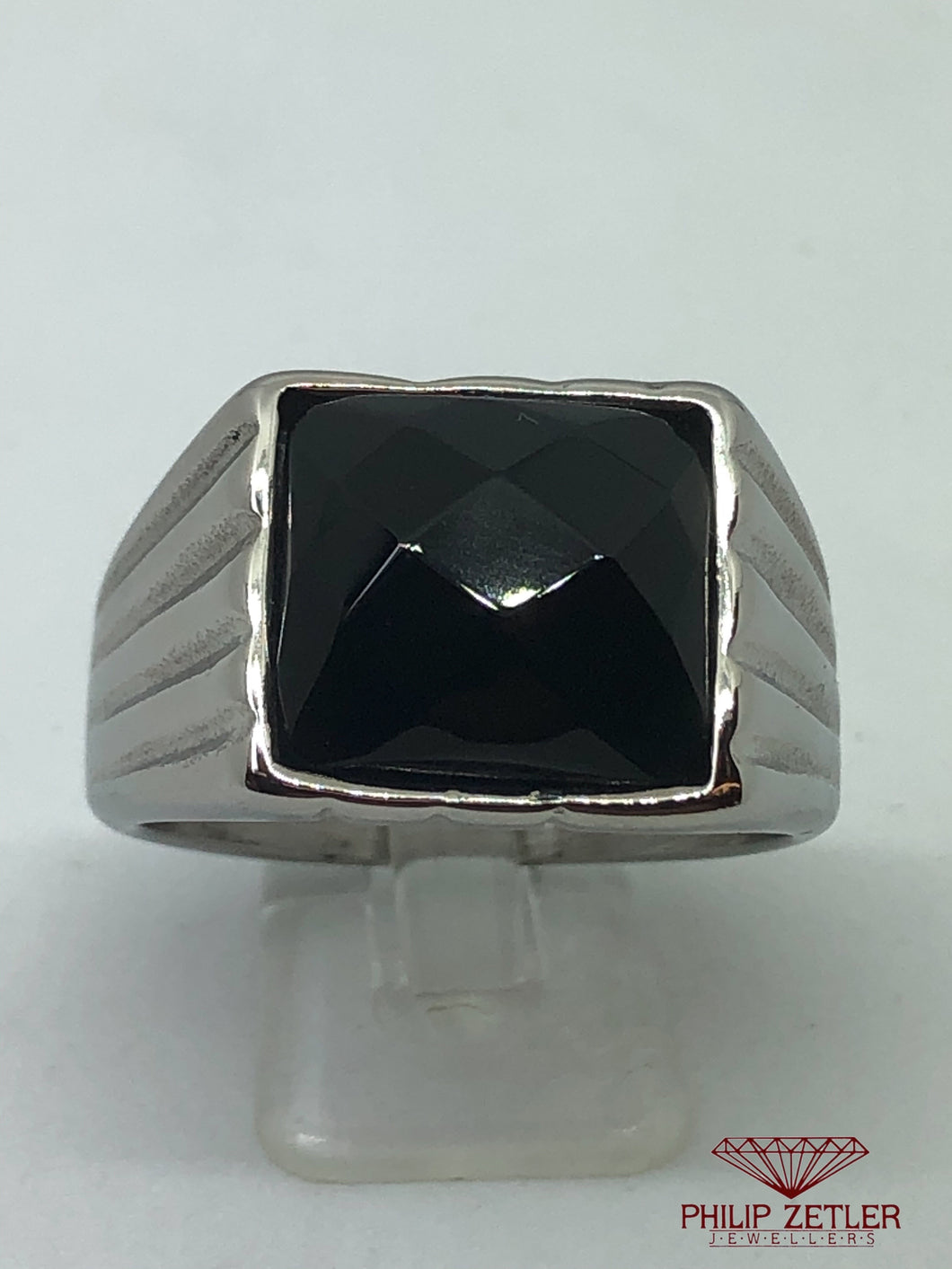 Stainless Steel Black Stone Domed Ring