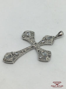 9ct White Gold Diamond And Topaz Cross Pendant