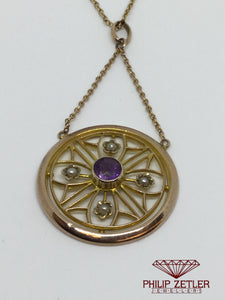 9ct Pink Gold Antique Amethyst & Seedpearl Pendant