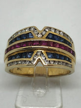 Load image into Gallery viewer, 14ct Diamond Sapphire &amp; Ruby Multicolour Dress Ring
