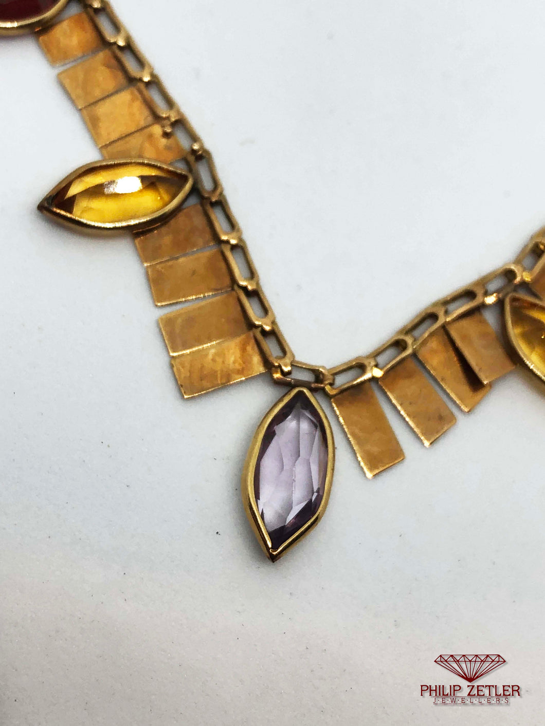 14 ct Pear Cut Amethyst, Citrine, Garnet and Gold Necklace