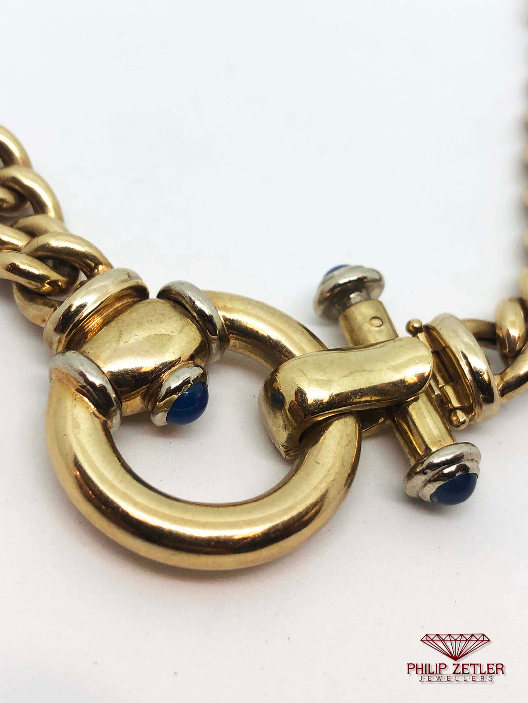 9ct Yellow Gold Curb Link Necklace Sapphire Clasp